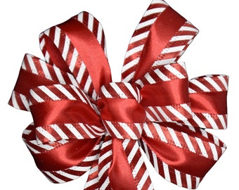 SMALL 6" Red and White Satin Stripe Bow - Handmade Bow - Christmas Bow - Wired Wreath Bow - Home Decor