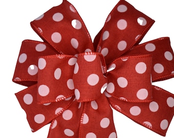 Wired Red with White Dots on Linen Wreath Bow