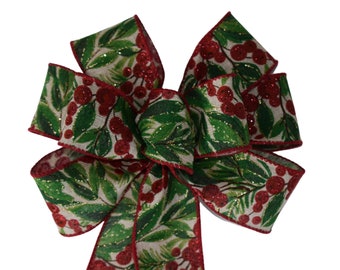 SMALL 5-6" Wired Red Berries and Green Leaves Christmas Bow