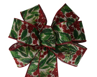 SMALL 5-6" Wired Red Berries and Green Leaves Christmas Bow