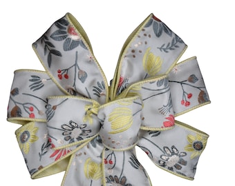 Yellow and Gray Floral Bow - Handmade Bow - Spring Bow - Flower Bow - Easter Bow - Wired Wreath Bow - Choose Size