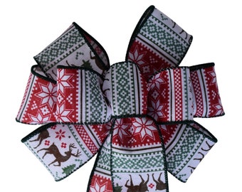SMALL 6" Scandinavian Sweater Bow - Handmade Bow - Christmas Bow - Wired Wreath Bow - Holiday Now - Red Green White Bow