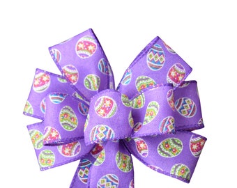 SMALL 6" Easter Bow - Purple Eggs - Handmade Bow - Spring Bow - Lavender Pink Yellow Bow - Home Decor