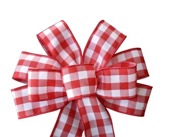 Red and White Check Bow - Handmade Bow - Wired Wreath Bow - Gingham Bow - Country Bow - Farmhouse Bow - Choose Size - Home Decor