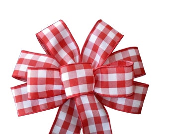 Red and White Check Wired Wreath Bow - Gingham Bow - Country Bow