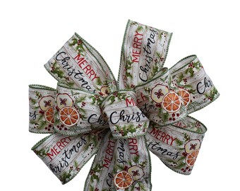 Merry Christmas Williamstown Bow - Handmade Bow - Pomegranate and Citrus Bow - Wired Wreath Bow - Holiday Bow - Choose Size - Red Green Tan