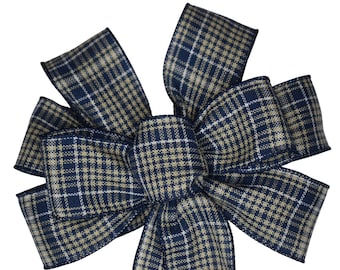Navy Blue and Tan Plaid Wired Wreath Bow