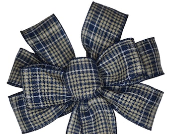 Navy Blue and Tan Plaid Bow - Handmade Bow - Wired Wreath Bow - Choose Size - Holiday Bow - Woven Bow