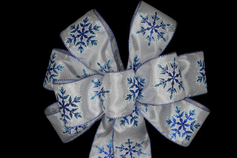Metallic Blue Snowflakes on White Satin Ribbon Bow - Handmade Bow ...