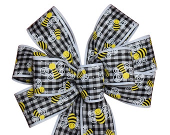 Honey Bee on Black and White Check Wreath Bow -Handmade Bow - Wired Bow - Summer Bow - Buffalo Plaid