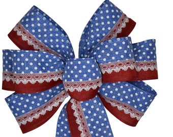 Patriotic Bow - Handmade Bow - American Flag Bow - Wired Wreath Bow - Red White Blue Bow - Polka Dot and Lace Bow - Independence Day Bow