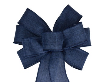 SMALL 6" Dark Denim Blue Linen Bow -  Wired Wreath Bow - Handmade Bow