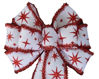 SMALL 6" Red Stars with Tinsel Edge Bow - Handmade Bow - Christmas Bow - Wired Wreath Bow - Home Decor - Red and White Bow