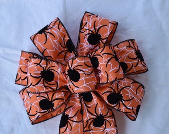 Orange Spider on Web Wired Wreath Bow