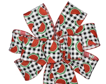 Watermelon on Buffalo Plaid Bow - Handmade Bow - Summer Bow - Wired Wreath Bow - Black and White Buffalo Plaid Bow