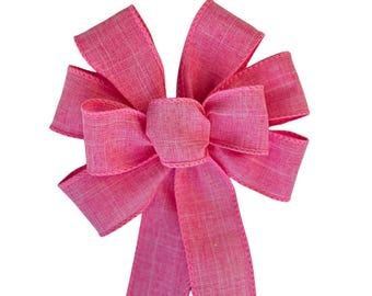 SMALL 6" Medium Pink Bow - Handmade Bow - Wired Wreath Bow - Linen Bow - Spring Bow - Easter Bow - Home Decor