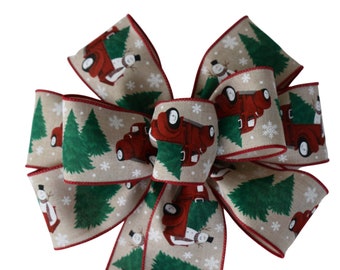 Red Truck with Snowman Bow - Handmade Bow - Wired Wreath Bow - Christmas Bow - Holiday Bow - Choose Size - Linen Bow