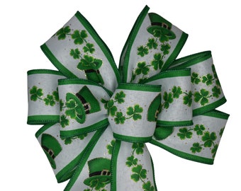 St. Patrick's Day Green Hats and Clovers Bow - Handmade Bow - Choose Size - Wired Wreath Bow - Linen Bow - Leprechaun Bow