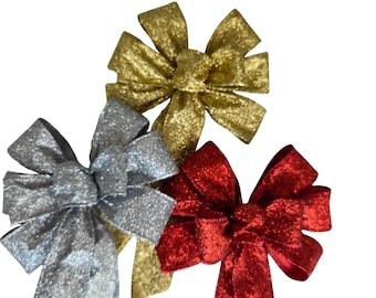 Handmade 6 inch Metallic Glitter Wired Bow – Small - Christmas, Wreath Decor Red, Silver, Gold