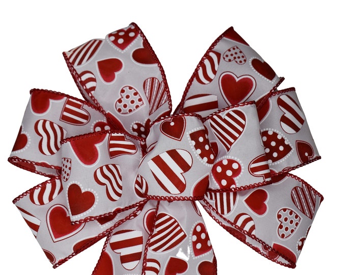 Featured listing image: Red and White Hearts Bow - Wired Wreath Bow - Valentine's Day Bow - Handmade Bow - Choose Size - Love - Home Decor