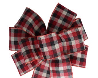 Red, Cream and Black Christmas Wired Wreath Bow - Choose Size - Handmade Bow - Holiday Bow - Plaid Bow - Check Bow - Woven Bow