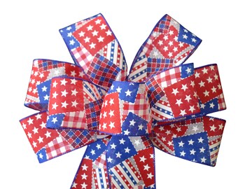 Patriotic Quilt Bow - Handmade Bow -  Wired Wreath Bow - Red White Blue Bow - American Flag Bow - Independence Day Bow