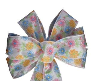 Pink, Yellow and Blue Daisy Bow - Spring Bow - Handmade Bow - Wired Wreath Bow - Easter Bow - Home Decor
