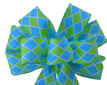 Teak and Lime Harlequin Plaid Wired Wreath Bow - Summer Wreath Bow - Green and Blue Bow