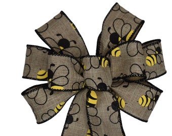 Small 5-6" Yellow Honey Bee on Natural Linen Wired Wreath Bow