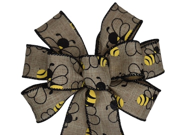 SMALL 6" Yellow Honey Bee Bow - Handmade Bow - Natural Linen Bow -  Wired Wreath Bow - Summer Bow - Animal Bow