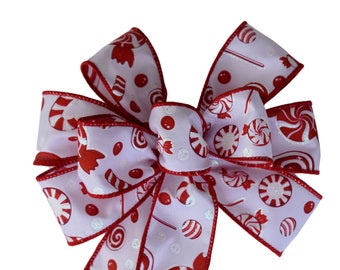 SMALL 6" Candy Glittered Bow - Wired Wreath Bow - Handmade Bow - Christmas Bow - Holiday Bow -Red and White Bow