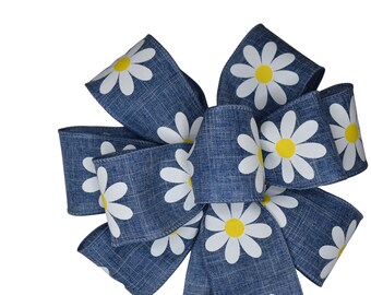 Blue with White Daisy Bow - Handmade Bow - Wired Wreath Bow - Floral Bow - Choose Sizse - Home Decor - Flower Daisies - Spring Bow Summer