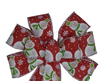 SMALL 6" Snowman Bow -  Red Bow - Handmade Bow - Wired Wreath Bow - Christmas Bow - Winter Bow - Holiday Bow