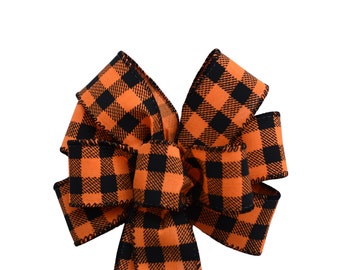 Small 5-6" Black and Orange Plaid Wired Wreath Bow