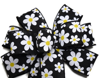 Wired White Daisy on Black Ribbon Wreath Bow