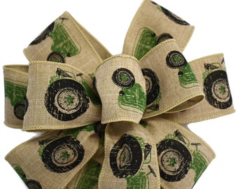 Green Tractor Bow - Handmade Bow - Natural Linen Bow - Wired Wreath Bow - Choose Size - Farm Bow - Country Bow