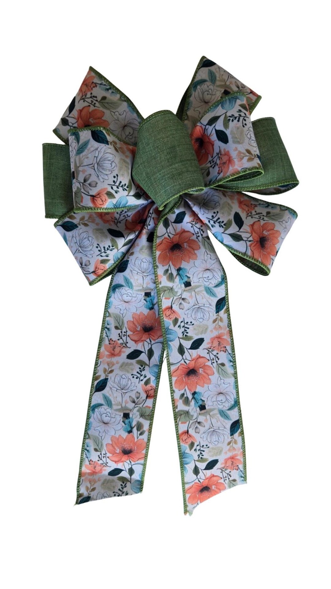 Floral Wired Ribbon Bow – Sage Green and Coral Spring Wreath Decoration ...