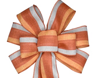 Orange, Natural and Rust Stripe Bow - Handmade Bow - Autumn Bow - Wired Wreath Bow - Fall Bow - Choose Size - Thanksgiving Bow - Linen Bow