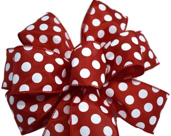 Red with White Dots Bow - Handmade Bow - Wired Wreath Bow - Home Decor - Choose Size