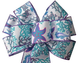 Blue Coral Seashore Beach Bow - Wired Wreath Bow - Handmade Bow - Choose Size - Turquoise Bow - Summer Bow - Starfish - Coast - Home Decor
