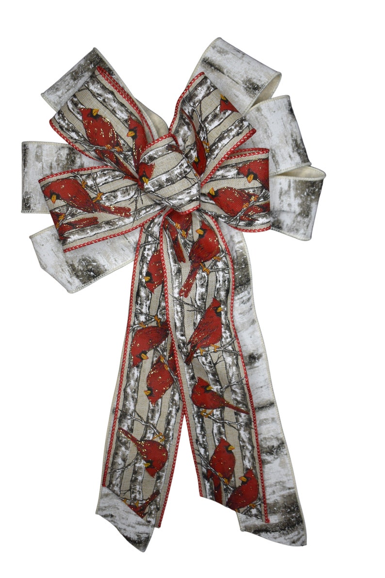 10 Wide 2ribbon Cardinal on Birch Bark Bow Handmade Bow Linen Bow