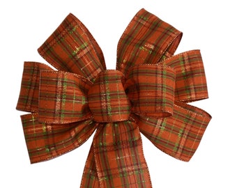 Metallic Orange Fall Plaid Bow - Handmade Bow - Woven Bow - Wired Wreath Bow - Autumn Bow - Choose Size - Halloween Bow