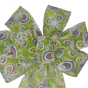 SMALL 6&quot; Sheer Green with Pink Purple Butterfly Bow - Wired Wreath Bow - Handmade Bow - Butterflies