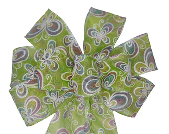 SMALL 6" Sheer Green with Pink Purple Butterfly Bow - Wired Wreath Bow - Handmade Bow - Butterflies