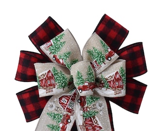 10" wide 2-Ribbon Farm and Buffalo Plaid Bow - Handmade Bow -  Christmas Bow - Wired Wreath Bow - Farmhouse Bow - Country Bow - Red