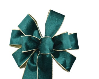 Plush Emerald Green Velvet with Gold Back INDOOR Bow - Handmade Bow - Wired Bow -Holiday Bow - Choose Size
