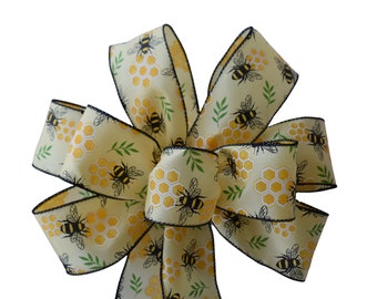 Bee and Honeycomb Wired Wreath Bow - Summer Bow - Yellow and Black Bow