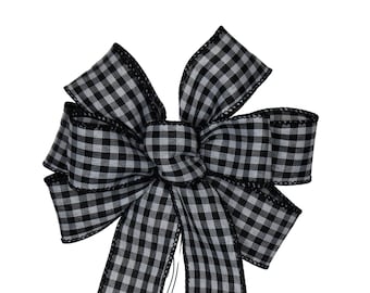 SMALL 6" Black and White Gingham Plaid Bow - Wired Wreath Bow - Handmade Bow