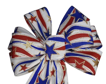 SMALL 6" Patriotic Swirl Bow - Handmade Bow - American Flag Bow - Red, Natural & Blue Bow - Wired Wreath Bow - Home Decor