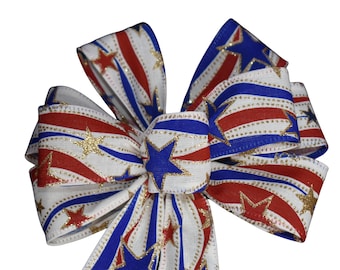 Small 5-6" Wired Patriotic Red, Natural & Blue Swirl Wreath Bow